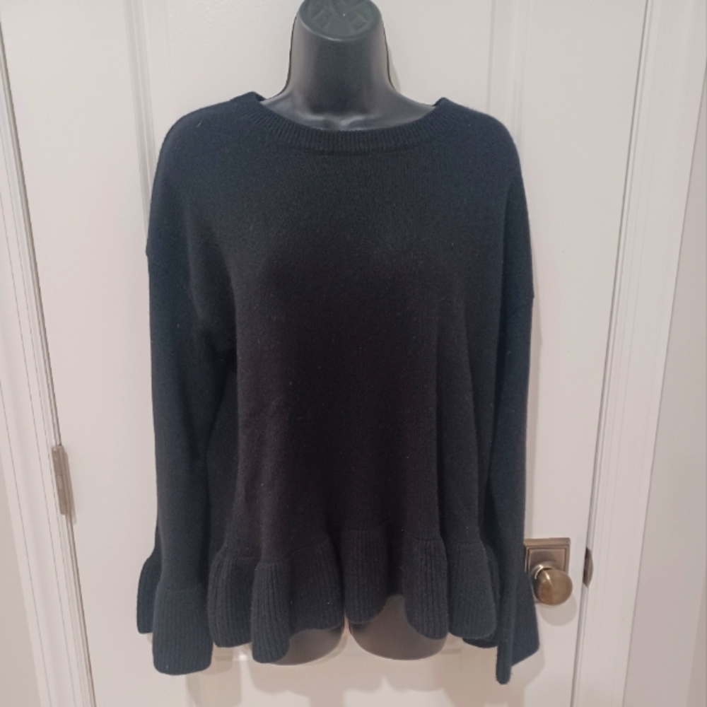 The Cashmere Project Black Crew Neck Sweater with ruffle hem. M
